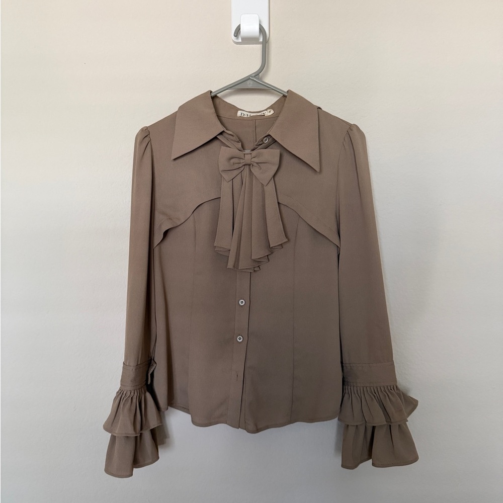 Chic Taupe Blouse with Ruffle Sleeves